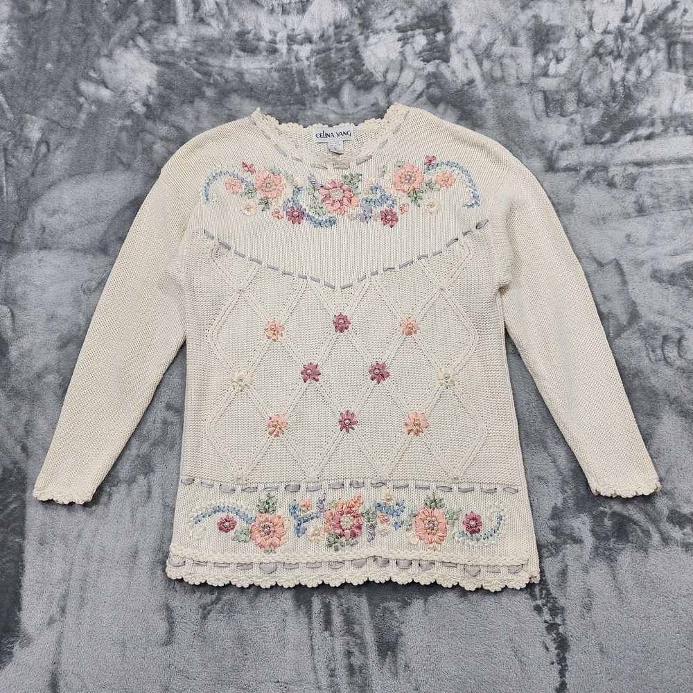 Vintage Celina Yang Sweater Womens L White‎ Floral Embroidered Beaded Ramie Knit